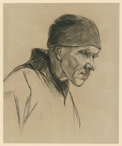 Vanha mies lakki päässä (rintakuva, profiili oikealle), tutkielma teokseen: Kävelevä talonpoika (1894) tekijältä Max Liebermann