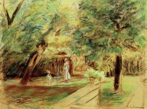 Tyttärentytär lastenhoitajan kanssa pensaspuutarhojen edessä tekijältä Max Liebermann