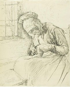 Vanha nainen korjaamassa ikkunassa tekijältä Max Liebermann