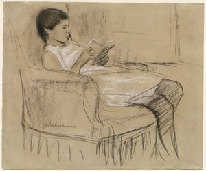 Taiteilijan tytär Käthe lukemassa tuolissa tekijältä Max Liebermann