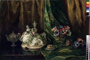 "Asetelma posliinilla ja kukilla" (Asetelma posliinilla ja kukilla) Max Mullerin (1871-1938) maalaus (ym. kaikki) Öljy kankaalle. Mikalojus Konstantinas Ciurlionisin taidemuseo, Kaunas, Liettua tekijältä Max Müller