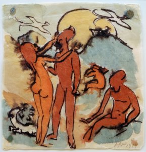 Uimakohtaus, jossa esiintyy ruorimieslintuja tekijältä Max Pechstein