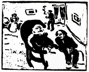 Puupiirros, joka kuvaa ihmisiä istumassa oleskelutilassa tekijältä Max Pechstein