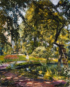 Puutarha Godrammsteinissa, jossa on kierretty puu ja lampi; Puutarha Godrammsteinissa, umpeenkasvanut puu ja lampi, 1910 tekijältä Max Slevogt