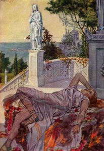 Dido tekee itsemurhan, kun Aeneas oli hylännyt hänet (värilitho)