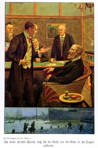 Phileas Fogg vetoaa Reform Clubiin, että hän voi matkustaa maailman ympäri 80 päivässä, esimerkki Berliinissä julkaistusta painoksesta.