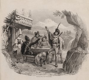 Metsästäjät vuorilla nauttimassa drinkistä tavernassa (kaiverrus)