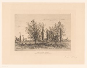 Maisema niityllä ja näkymä kaupunkiin Tanssi Les Champs de Cenon. (otsikko esineessä) tekijältä Maxime François Antoine Lalanne (signed by artist)