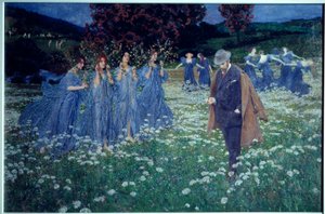 Haaveilu, maailma Unenomainen maisema, mies ylittää kentän palkkiot. Maximilian Lenzin (1860-1948) maalaus