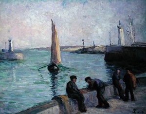 Kalastajat satamassa, n. 1920 (öljy kankaalle) tekijältä Maximilien Luce