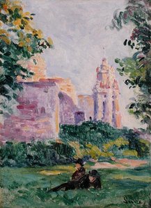 Lepää ruohossa, n. 1897 (öljy aluksella) tekijältä Maximilien Luce
