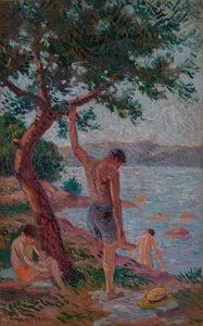 Saint-Tropez, uimareita mäntymetsän alla tekijältä Maximilien Luce
