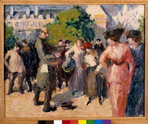 Katunäkymä. Kerjäläinen, jolla on käyrätorvi, soittaa puutarhassa Pariisissa. Maximilien Lucen (1858-1941) maalaus. Öljy kankaalle. Yksityiskokoelma