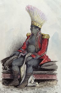 Kuningas Te Moana Nuku-Hivan saarella pukeutunut ranskalaisen everstin univormuun, n. 1841-48 (kynä, muste ja wc paperilla)