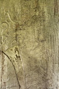 Yksityiskohta Stela 9:stä, joka kuvaa Ajb’alun Haab’tal Wat’ul K’atelia, Terminal Classic Kingiä Ceibalista Guatemalassa, muistoksi 9. katunin päättymistä jKr. 849 kivi tekijältä Mayan
