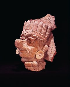 Mayojen maissijumalan pää, Oaxaca, noin 500 jKr (keramiikka)