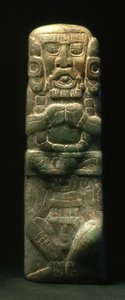 Hieroglyfiportaiden alas vievään vihkimykseen sijoitettu pienoispatsas, Copan, myöhäisklassinen kausi (600-900) (jade).