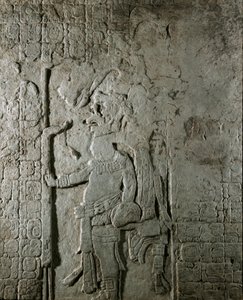 Mayalainen taide: paneeli n. 1 Maya-alueelta El Cayosta (600–800), joka edustaa hahmoa, jota ympäröi hieroglyfikirjoitus tähtitieteellisiin laskelmiin viitaten. Yksityinen kokoelma tekijältä Mayan Mayan