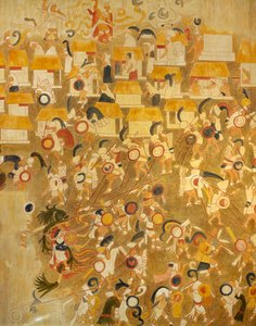 Rekonstruktio Maya-maalauksesta Chichen Itzasta (Yucatan, Meksiko), joka kuvaa taistelukohtausta. Mayojen sivilisaatio. tekijältä Mayan Mayan