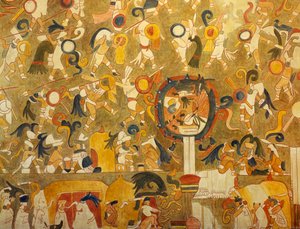 Rekonstruktio Maya-maalauksesta Chichen Itzasta (Yucatan, Meksiko), joka kuvaa taistelukohtausta. Mayojen sivilisaatio.
