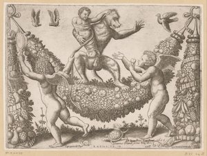 Putti pilkkaa apinaa Paavin kuvakudokset (sarjan nimi) Tapezzerie de Papa (sarjan nimi esineessä)