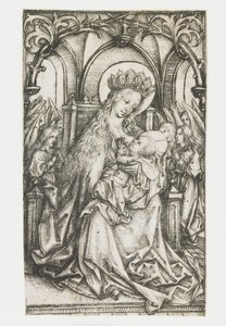 Valtaistuimella istuva Madonna, jota enkelit palvovat tekijältä Meester van het Amsterdamse Kabinet