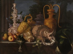 Asetelma, kuoret ja kultaseppä. Meiffren Conten (1630-1705) maalaus. Öljy kankaalle. Mitat: 91 x 121 cm. Pakollinen maininta: Collection fondation regards de Provence, Marseille tekijältä Meiffren (c.1630 1705) Conte