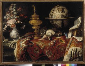 Maljakko kukkia, astraalipallo, kirjoja ja kultateoksia matolla. Meiffren Conten (tai kreivi) maalaus (1630-1705) Pakollinen maininta: Collection fondation regards de Provence, Marseille (cm 92x121) tekijältä Meiffren (c.1630 1705) Conte