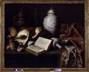 Kiina maljakoita, kuoria, antiikkipronssia, kirjoja ja mattoja (öljy kankaalle) tekijältä Meiffren (c.1630 1705) Conte