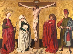 Kristus ristillä St. Mary ja John, Catherine ja Sebastian tekijältä Meister von Großgmain