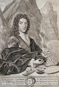 Johann Jacob Scheuchzerin muotokuva, Scheuchzerin Itinera Alpina -teoksen etupuoli, kaiverrus Joseph Nutting (n. 1660-1722), julkaistu 1706 (kaiverrus) tekijältä Melchior Fusslinus (after) Tigur