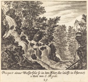 Näkymä vesiputoukselle, Itävalta tekijältä Melchior Küsel after Johann Wilhelm Baur