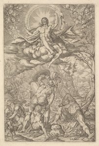 Kristuksen ylösnousemus, jota ympäröivät aureoli ja pilvet, joissa on siivekäs putti..., 1577.