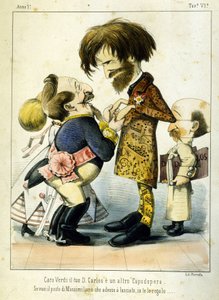 Sarjakuva Giuseppe Verdistä ja Napoleon III:sta Don Carlos -oopperan jälkeen Pariisissa vuonna 1867. Melchiorre Delficon karikatyyri. Privee Milan Collection