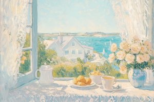 Aamunäkymä rannikolla aamiaisen aikaan tekijältä Melloi Art Prints
