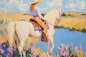 Cowgirl valkoisella hevosella tekijältä Melloi Art Prints