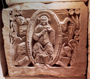 Merovingien taide: tetramorfinen Kristus. Agilbertin haudan alempi kohokuvio (7. vuosisata), Pariisin eveque. Kivinen hautausmuistomerkki. Jouarren luostari (Seine ja Marne).
