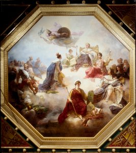 Lainsäädäntökuninkaiden ja ranskalaisten lakimiesten keskellä Ranska vastaanottaa Ludvig XVIII:n perustuslaillisen peruskirjan, Camondo-huoneen katto, Louvre, Pariisi