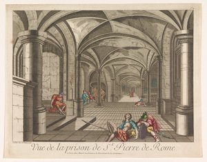 Näkymä Rooman Mamertine-vankilan sisätiloihin Vue de la vankila de St. Pierre de Rome (otsikko esineessä) tekijältä Mesard