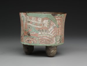 Sylinterimäinen kolmijalkainen alus, jossa on kaksi suojalasihahmoa, n. t. 400-650 (keramiikka, stukko ja maali) tekijältä Mesoamerican Mesoamerican