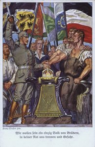 Saksan kansojen yhtenäisyys, propagandapostikortti (värilitho) tekijältä Mesopotamian