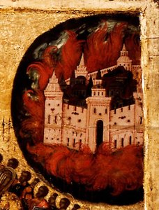 Siunattu taivaan kuninkaan isäntä Yksityiskohta: Tuli Kazanissa, 1550-luku tekijältä Metropolitan of Moscow Athanasius