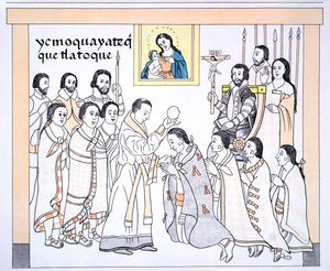 Caciques vastaanottamassa ehtoollista papilta Hernando Cortesin (1485-1547) talossa, kuva faksimilestä Meksikon intiaanien kuvahistoriasta Lienzo de Tlaxcala n. 1550, 1892 (väri valaistu tekijältä Mexican School