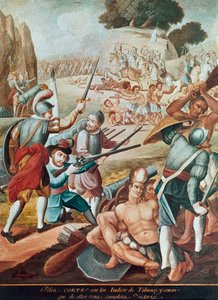 Conquesta de Mèxic: batalla enfrontant Hernando Cortes (Hernán Cortez) (1485-1547) als indis de Tabasco el 1519"" Pintura de l