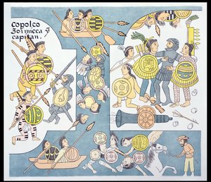 Viimeinen taistelu Hernando Cortesin (1485-1547) ja Cuauhtemocin välillä Tenochtitlanissa elokuussa 1521, kuva faksimileistä Meksikon intiaanien kuvahistoriasta Lienzo de Tlaxcala noin 1550, 1892 (colo) tekijältä Mexican School