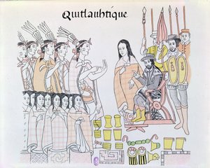 La Malinche (Dona Marina) toimi tulkkina Montezuman (1466-1520) naisten ja kullan esityksessä Hernando Cortesille (1485-1547) kuvituksen meksikolaisen intiaanikuvan faksimilesta