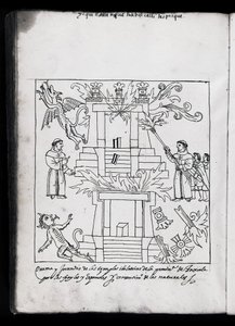 MS Hunter 242 f.240v The Burning of the Temples, Tlaxcala, kuvitus Diego Munoz Camargon "Historia de Tlaxcala" -teoksesta (kynä ja muste paperille) tekijältä Mexican School