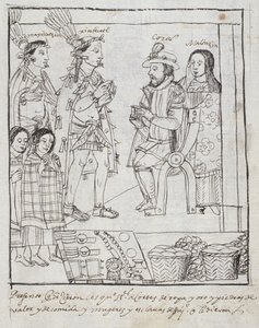 Montezuma tapaa Cortez Ms Hunterin 242 f.255r Meksikon valloitus, Diego Munoz Camargon Historia de Tlaxcalasta