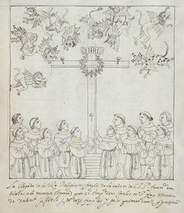 Ms Hunter 242 f.239v Ensimmäisen ristin pystyttäminen, Historia de Tlaxcala, kirjoittanut Diego Munoz Camargo tekijältä Mexican School
