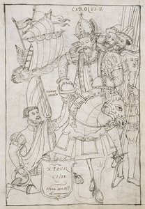 Ms Hunter 242 f.249r Christopher Columbus (1451-1506) tarjoaa symbolisesti uuden maailman Kaarle V:lle (1500-08), Diego Munoz Camargon Historia de Tlaxcalasta tekijältä Mexican School